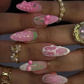 SXVME Pink 3D Handmade False Nails Medium Short Almond, Cute Acrylic Press on Nails with Y2k Sculpting Flowers Fruit Desgin Fake Nails Press ons Glue on Nails For Women 24 Pcs