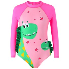 PURFEEL Girls UV Swimsuit One Piece Swimwear Kids Dinosaur Bathingsuit Long Sleeve Rashguard Swimsuit Dinosaur 3-4Years