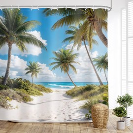 Glawry Beach Shower Curtain 72Wx72L Inches, Tropical Summer Seaside Bathroom Decor, Coastal Vacation Palm Tree Ocean Bathroom Curtains Waterproof Polyester Fabric Bath Curtain with Hooks