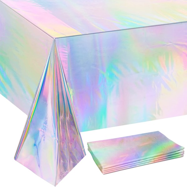 4 Pack Iridescence Plastic Tablecloths Disposable Laser Tablecloth Holographic Foil Rectangle Table Covers Birthday Disco Bachelorette Bridal Wedding Rainbow Iridescent Party Decorations 54" x 108"