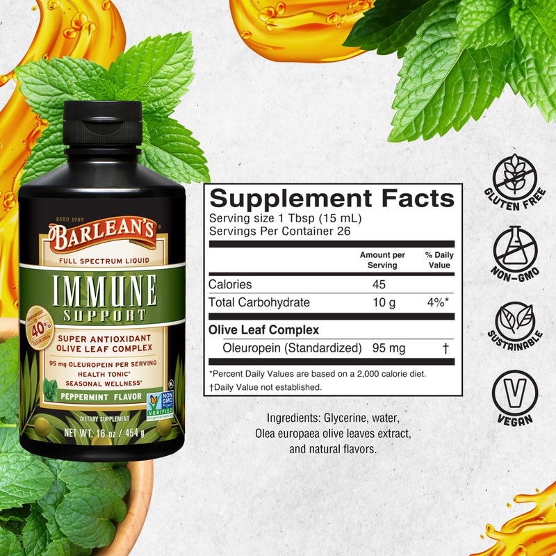 Barlean's Peppermint Olive Leaf Complex Liquid Immune Support Supplement, 95mg