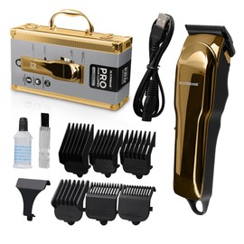 Xtreme Pro Cordless Hair Clipper for Men, Professional Clippers with Diamond-Like-Carbon and Graphite Blades, Adjustable Taper, 6 Guide, 240 Minute Run Time, LCD Display, Metal Travel Case, Gold