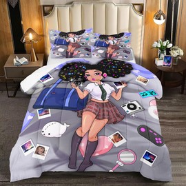 FJKJHKGJ African American Girl Bedding Set Full Comforter Set for Girls Bedroom Decor Black Girl Comforter Set with 2 Pillowcases Kids Comforter Sets Gifts for Girls Kids Teens