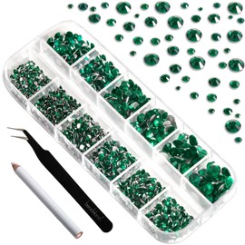 Beadsland Emerald Green Rhinestones, Flatback Gems Round Crystal Rhinestones for Crafts Mixed 8 Sizes SS4 ~ SS30 with Picking Tweezers and Pen (Emerald Green) 2500 Pieces