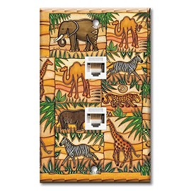Art Plates - Two Port RJ45 Ethernet decorative printed keystone style wall plate. Works with Cat5 through Cat8 cables. Female to Female Connections. - Safari