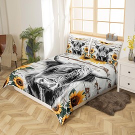 Highland Cow Bedding Set Kids Farm Highland Cattle Comforter Cover Set for Girls Women Sunflower Farmhouse Style Duvet Cover Twin Size Breathable Wood Grain Bedspread Cover Room Decor Quilt Cover