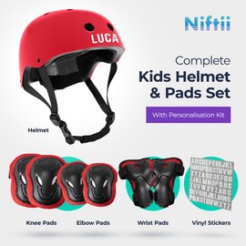 Niftii Kids Helmet with Pads and Personalisation Kit - Adjustable Multi-Sport Complete Safety Gear for Cycling, Skateboarding & Scooting, Ideal for Boys & Girls Ages 3-15, Red Bike Helmet Set
