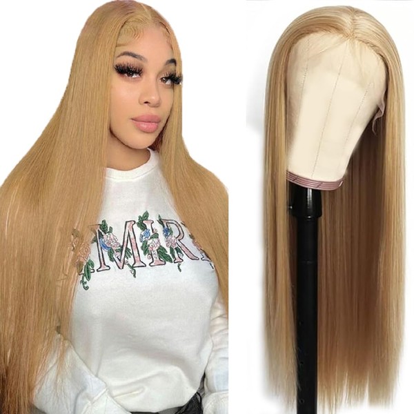 Hxxcoup Straight Wig Human Hair Wig 13 x 4 Lace Front Wig Real Hair Wig Blonde Wig Women's Pre Plucked Bleached Knots with Baby Hair #27 Colour Human Hair Wig for Black Woman 24 Inches (61 cm)