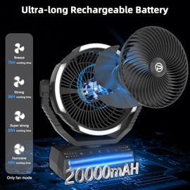 PANERGY Camping Fan with Light - 20000mAh Rechargeable Battery Fan with Charger, 70Hrs Cooling Time, 4 Speeds, 110° Auto Oscillation & 270° Pivot Design with Hook for Camping/Power Outage/Hurricane