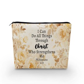 YULUENZE Bible Quote Makeup Bag Floral Canvas Organizer Zipper Pouch Philippians 4:13 I Can Do All Things Through Christ Cosmetic Bag Baptism Birthday Present for Christians Women Friends