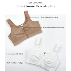 BRABIC Zip Front Closure Bras for Women Full Coverage Wireless Comfort Bra (Large, Dark Beige Zip)