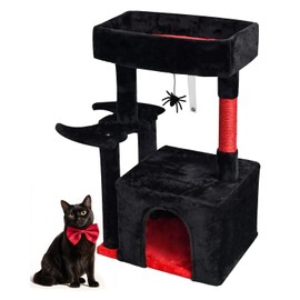 SYANDLVY Gothic Cat Tree with Coffin Bed for Indoor Cats, Activity Tower with Scratching Post, Modern House for Large Cats, Cat Condo Furniture with Basket & Hanging Spider for Play Rest, Black & Red