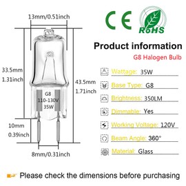 G8 Halogen Light Bulbs 35W 120V G8 Base 2Pin Dimmable Xenon Bulb T4 JCD Type Warm White 2700K for Kitchen Hood, Landscape Lights, Desk and Floor Lamps, Wall Sconces (10 Pack)