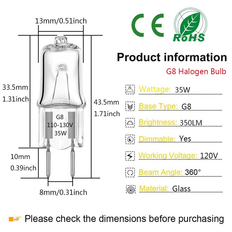 G8 Halogen Light Bulbs 35W 120V G8 Base 2Pin Dimmable