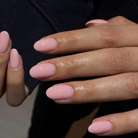 Pink Press on Nails Short Almond Fake Nails Press ons, Thick Solid Color Glue on Nails Short False Nails, Medium Almond Nail Oval Round Shaped for Women, 24Pcs Natural Acrylic Gel Nail