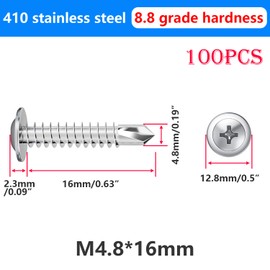 Qrity Self Tapping Screws M4.8 x 16 mm, Drill Tail Self Drilling, Stainless Steel, Round Head Phillips, 100 PCS