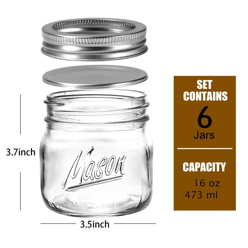 Ieavier 6 PACK Wide Mouth Mason Jars 16oz with Airtight