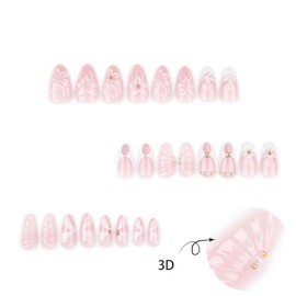 Onsdag Press on Almond Nails Medium Glossy Full Cover Acrylic Almond Shaped False Nails with Designs Artificial French Fake Nails Glue Stick ons Fingernails for Women Girls(JP3855)