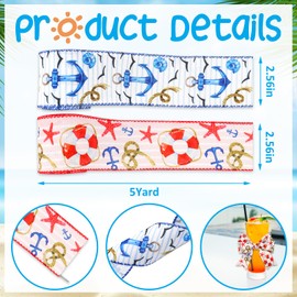 Summer Nautical Ribbon Wired Edge Coastal Anchor Blue White Red Lifebuoy Ribbon for Wreath Bows Gift Wrapping DIY Crafts Beach Party Wedding Ocean Theme Decoration 2 Rolls 2.5 Inch × 5 Yards