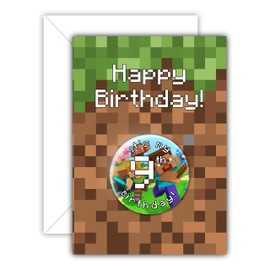 It's My 9th Birthday - Inspired by Mine Crafting Crafts Video Game Gaming Gamer Birthday Card With Badge - Pin Button Badges - A6-76 mm