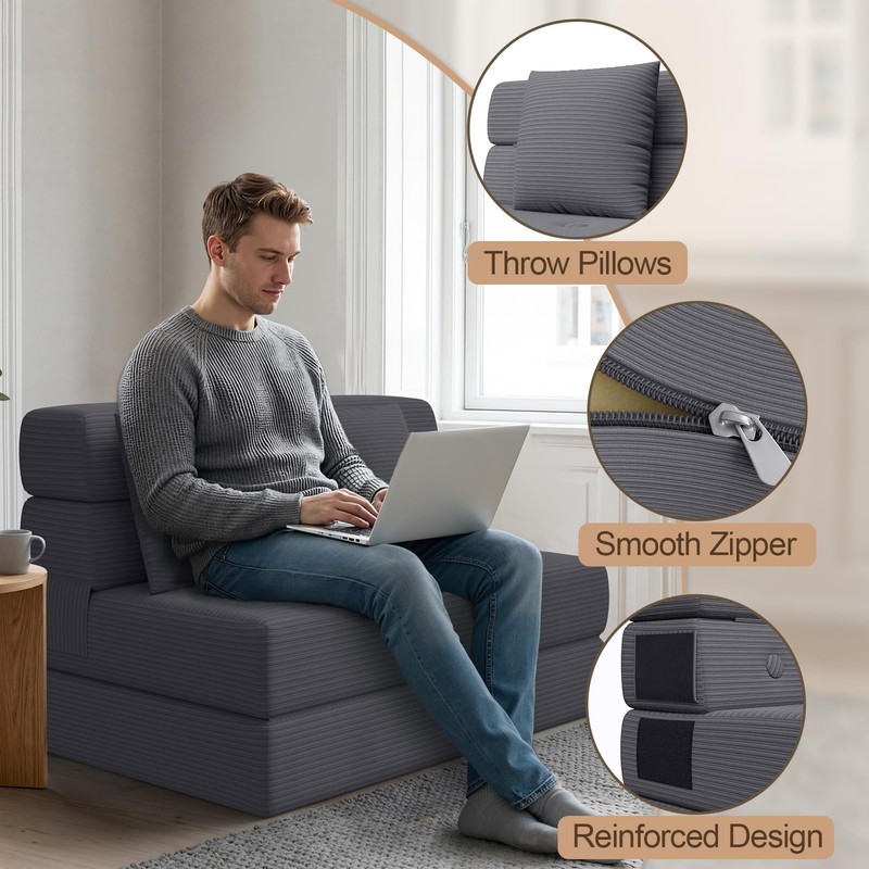 Folding Sofa Bed, One-Piece High-Density Foam Sleeper Chair, Grey, Twin