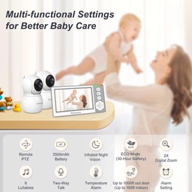 Baby Ganibs Baby Monitor with 2 Cameras Standby for 26-Hour Battery, Remote Control 4.3'' IPS Video Baby Monitor No WiFi Up to 1000ft Range, ECO, Night Vision, Temperature, 2-Way Talk, 8 Lullabies