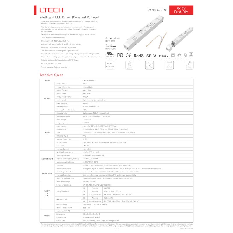 LM-100-24-U1A2 |100W 24VDC CV 0-10V Push Dim Interface | Dimming
