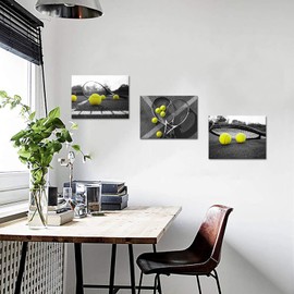 Derkymo 3 Pieces Tennis Pictures Artwork Black and White Canvas Wall Art Sport Theme Prints Framed for Tennis Club GYM Wall Decor Easy to Hang 12"x16"x3pcs