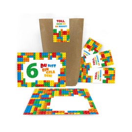 12 Invitation Cards for 6th Children's Birthday Party Invitation for Sixth Birthday Boys Building Blocks Including 12 Envelopes, 12 Bags, 12 Stickers