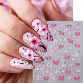 Pink Butterfly Flowers Nail Art Stickers Decals 3D Self-Adhesive Spring Hot Gold Edge Butterfly Floral Nail Decals Glitter Pattern Nail Supplies for Women Nails Art DIY Decoration 2 Sheets