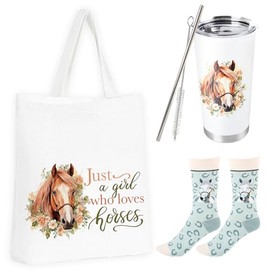 Vaso de caballo para regalo, Just a Girl Who Loves Horse incluyendo vaso de acero inoxidable de 20 onzas con tapa y pajita, bolsa de mano reutilizable, calcetines temáticos, regalos de