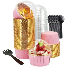 Moldes para pasteles ZHBDFMS, 100 mini moldes de aluminio reutilizables con tapas y cucharas, Adecuado para hornear minipasteles, postres y magdalenas, color Oro Rosa, 3.5 oz