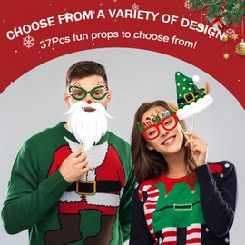 Christmas Photo Booth Props, 37Pcs Christmas Decorations Photo Backdrop Christmas Photo Props Party Decorations Supplies for Selfie