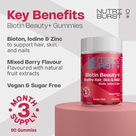 Nutriburst Biotin Beauty+ with 2500mcg Biotin, Iodine, Folic Acid, & Vitamins B6, B12, D3 • Support Healthy Hair, Skin & Nails • Sugar Free • Vegan • Mixed Berry Flavour • 90 Gummies (Pack of 3)