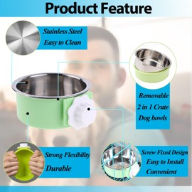 Mechpia 2 Pieces Crate Dog Bowl, Removable Stainless Steel Pet Kennel Hanging Food Water Feeder Bowl Cage Coop Cup for Puppy Medium Dog Cat Rabbit Ferret Bird (Blue,Green)