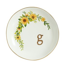 COLLECTIVE HOME - Ceramic Jewelry Tray, Trinket Dish for Rings Earrings Necklaces Bracelet Watch Keys, Birthday Mother's Day Christmas Gift for Women, 4.75", White Surface wirh Sunflowers (g)