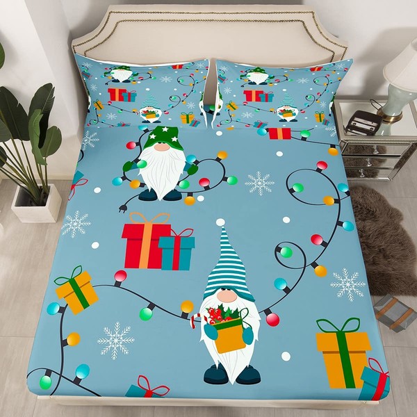 Merry Christmas Bedding Set for Kids, Gnome Santa Claus Fitted Sheet Full Size, Xmas Colorful Lights Bed Sheets for Girls Boys Children Bedroom, New Year Gift Cartoon Fitted Bed Sheets, Blue
