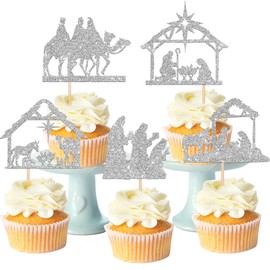 30 piezas de adornos para magdalenas de Navidad con purpurina, religiosa de feliz Navidad, belén santo, para belén temático, Navidad, Jesús, fiesta de cumpleaños, decoración de pasteles, color plateado