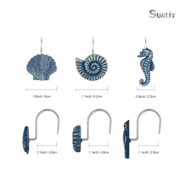 Sunlit Seashells Decorative Shower Curtain Hooks, Blue Ocean Creatures Coastal Shower Curtain Rings, Resin, Nautical Bathroom Decoration Beach Shower Curtain Hooks-12 Pack