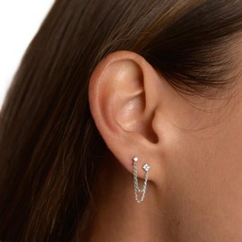 LIOYSIUT Sterling Silver Dangle Diamond Small Hoop Earrings 18K Gold 925 Sterling Silver Zircons Flower Stud Earrings for Women Double Studs Chain Tassel Piercing Earring Size 7