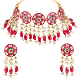 Aheli Handcrafted Meenakari Pink Enamel Choker Necklace with Earrings Indian Traditional Bollywood Jewelry Set Gift for Women
