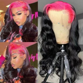 YMS Pink Roots 13x6 HD Lace Front Wigs Human Hair Ombre Glueless Wigs Pre Plucked With Baby Hair 180% Density Body Wave Wig for Women 28 Inch Pink and Black Wig