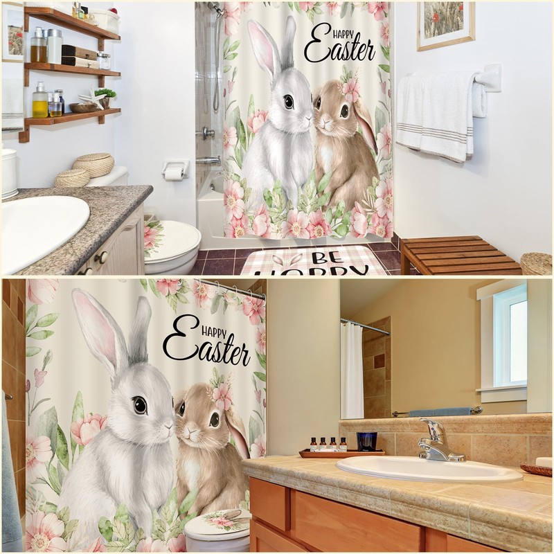 Rtteri 4 Pcs Happy Easter Bunny Shower Curtain Set with
