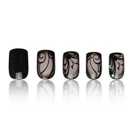 JUSTOTRY 24 Pcs Short False Nails with Butterfly and Diamond Pattern,Black Square Press on Nails,Glossy Fake Nails Medium for Nails Art,French Squoval Stick on Nails for Women Gifts