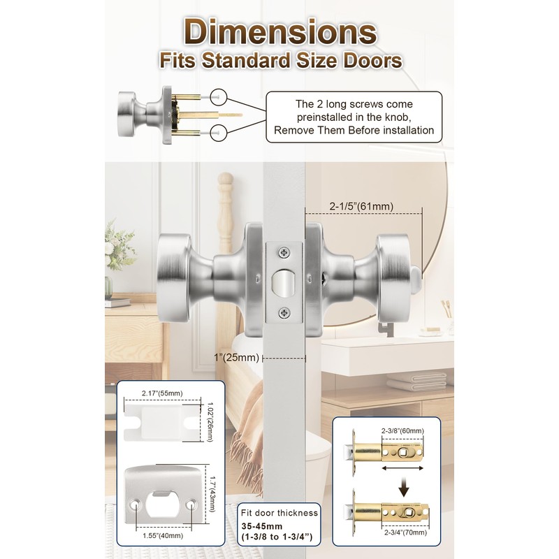 Probrico Privacy Door Knobs Interior 6 Pack, Satin Nickel Door