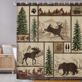Rustic Cabin Shower Curtain for Bathroom, Forest Bear Deer Wildlife Country Bath Curtains, Hunting Camping Waterproof Fabric Bathroom Accessories Set, 69x78 inch with Hooks