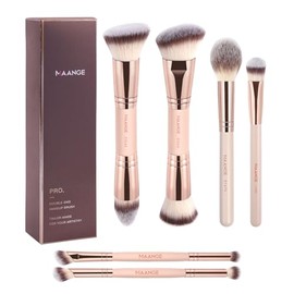 MAANGE 6Pcs Brochas Maquillaje de Doble Punta Set de Brochas para Maquillaje Premium Multi Usos con Estuche Brocha para Base Polvos,Difuminar y Contornear Rostro para Regalar-Almendra