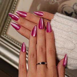 KQueenest Cat Eye Press On Nails Almond, 30 Pcs Glitter Violet Pink Press On Nails Medium, Sparkly Fake Nails With Glue, Luxury Chrome Nails Press ons, Reusable Stick on Nail for Women Weddings