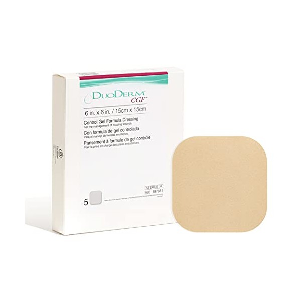 DuoDERM CGF Hydrocolloid 6"x6" Sterile Dressing for Use On Partial and Full-Thickness Wounds, Square, Beige, 187661, Box of 5