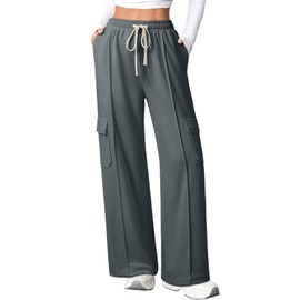 Aleumdr Women's 2025 Trendy Cargo Pants Casual High Waisted Wide Leg Sweatpants Elastic Waist with Drawstring Lounge Pants with Pockets Dark Grey Medium